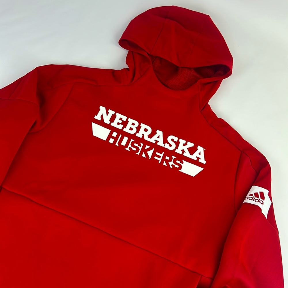 Adidas Nebraska Huskers Red & White Hoodie. NWOT. Large. Zipper Kangaroo Pocket